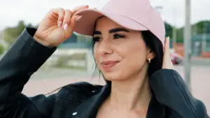 woman trying on her new pink hat 2025 01 29 03 12 12 utc